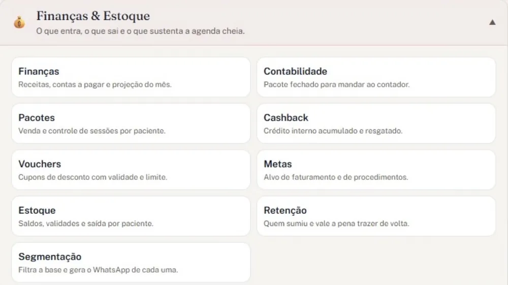 Seção Finanças & Estoque aberta: atalhos para Finanças, Contabilidade, Pacotes, Cashback, Vouchers, Metas, Estoque, Retenção e Segmentação.